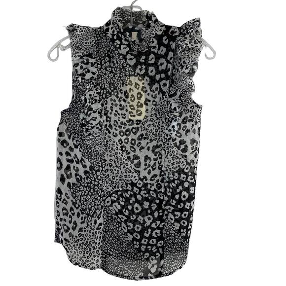 Olivaceous Black White Snow Leopard Sheer Sleeveless Blouse Top Small Tuxedo NEW - Picture 4 of 8